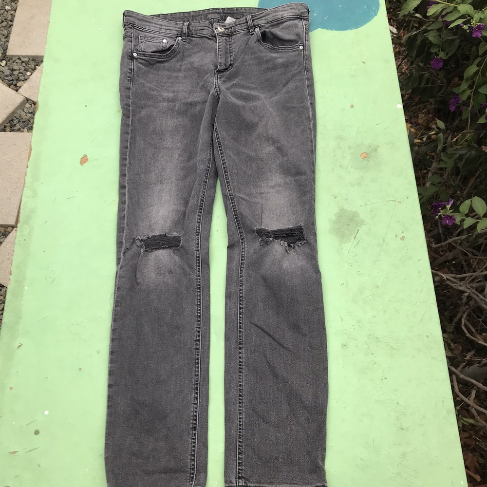 H&M &Denim Womens Dark Jeans Slim Regular Ankle 31 High Rise Distressed Stretch